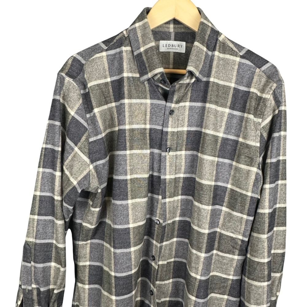 Ledbury Mens Tailored Fit Plaid Flannel Shirt Grey Short Body 16.5 35 RW22T9-702